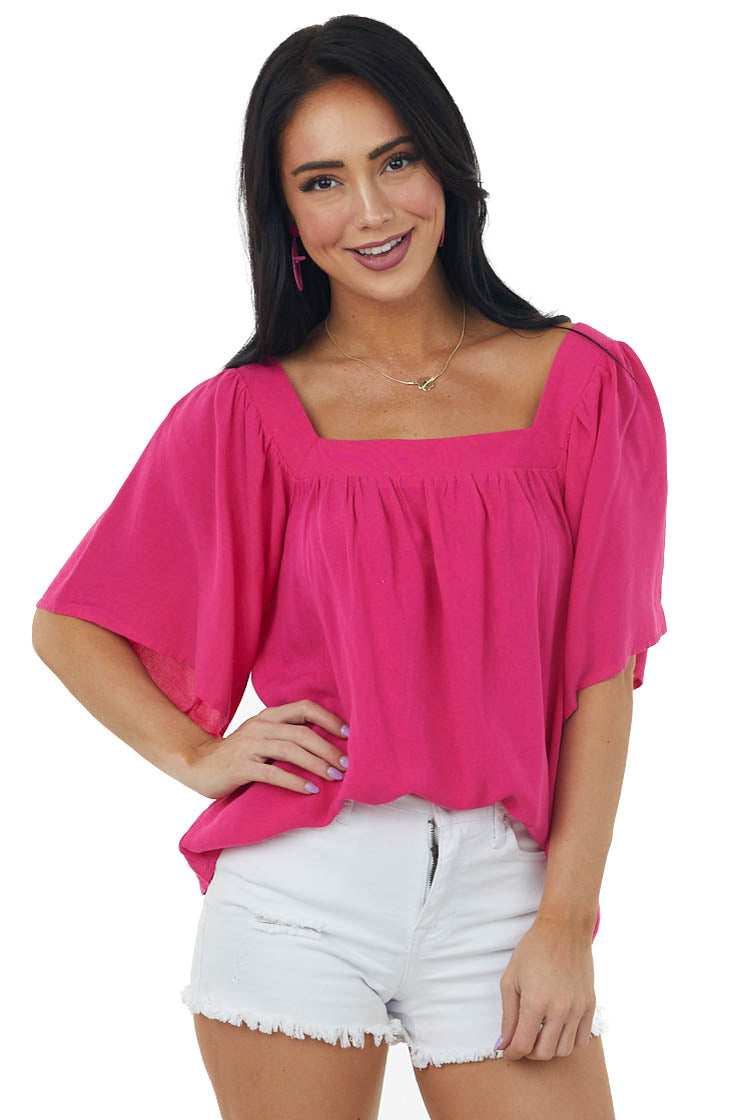 Hot Pink Square Neck Flutter Sleeve Woven Top