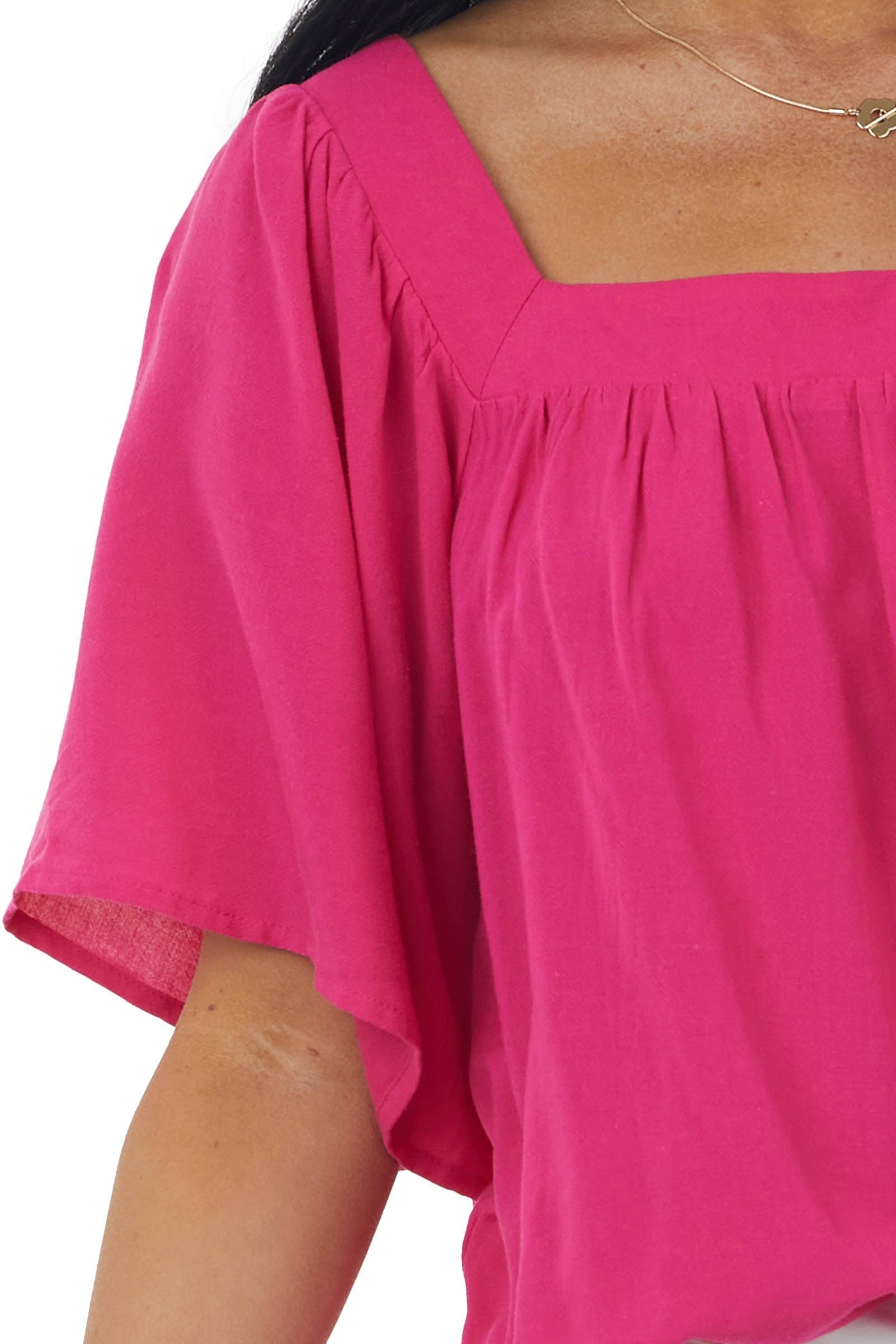 Hot Pink Square Neck Flutter Sleeve Woven Top