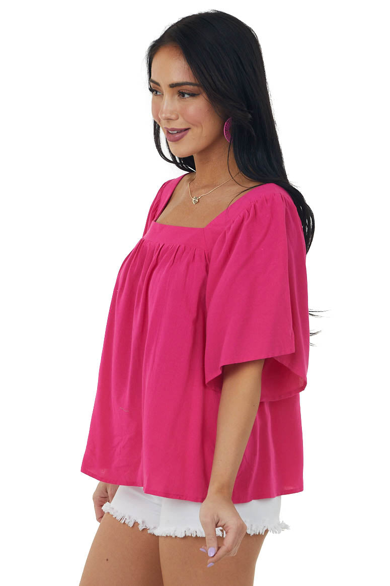 Hot Pink Square Neck Flutter Sleeve Woven Top