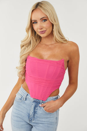 Hot Pink Strapless Mesh Corset Crop Top