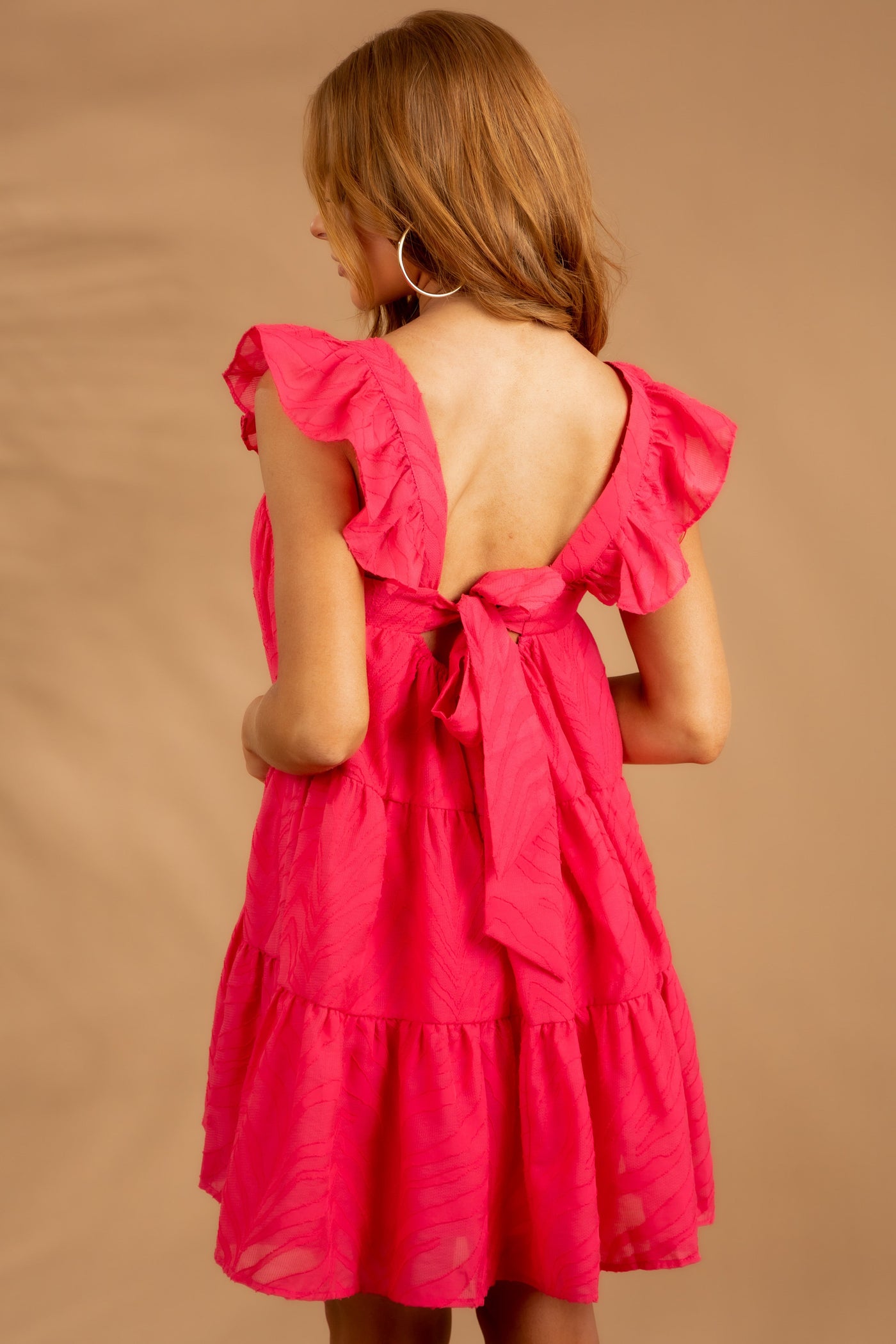 Hot Pink Textured Jacquard Babydoll Mini Dress