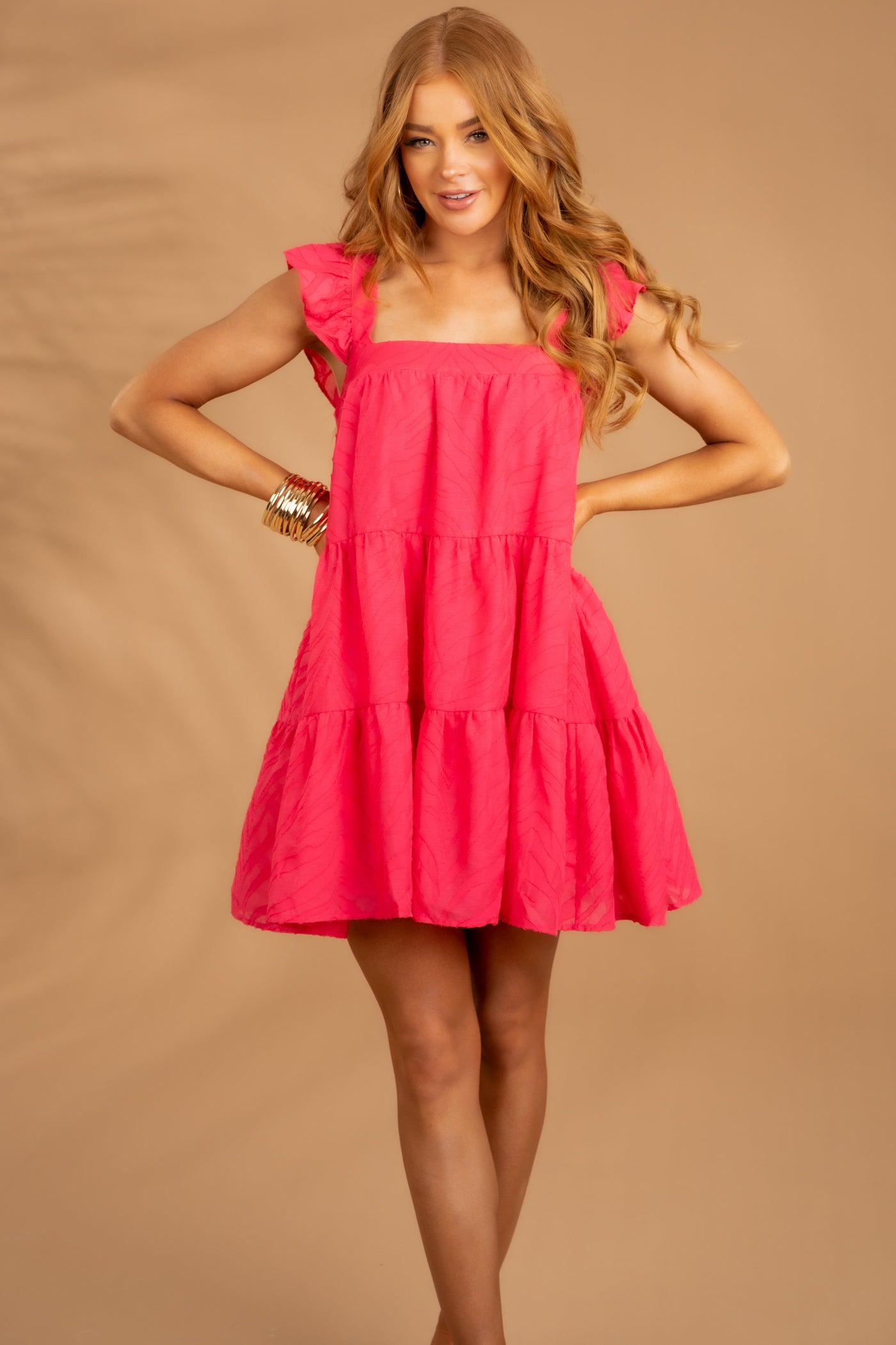 Hot Pink Textured Jacquard Babydoll Mini Dress