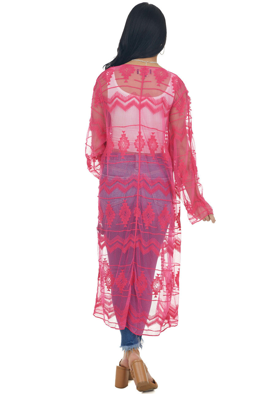 Hot Pink Tribal Lace Open Front Long Sleeve Kimono