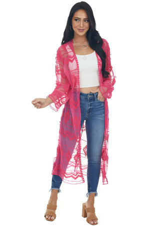 Hot Pink Tribal Lace Open Front Long Sleeve Kimono