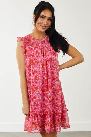 Hot Pink and Fire Floral Print Babydoll Dress