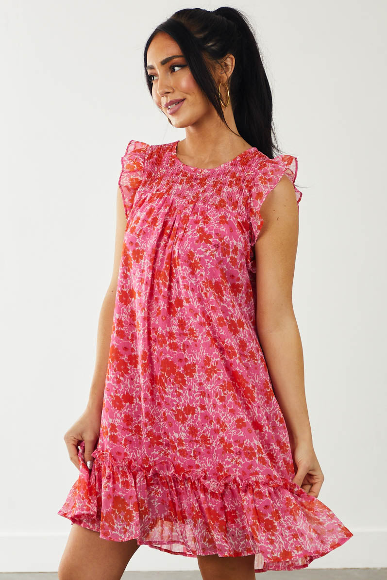Hot Pink and Fire Floral Print Babydoll Dress