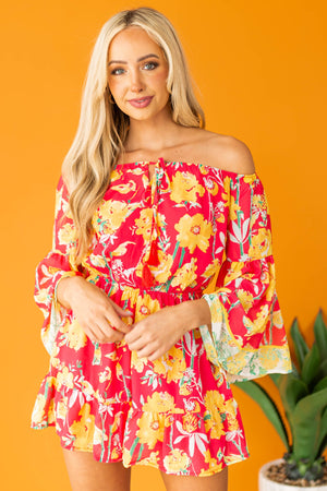 Hot Pink Floral Print Off the Shoulder Romper