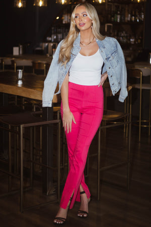 Hot Pink High Waisted Front Slit Hem Pants