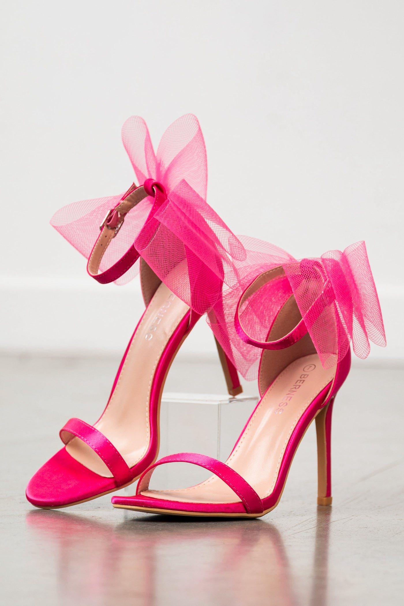 Hot Pink Satin Stiletto Heels with Tulle Bow