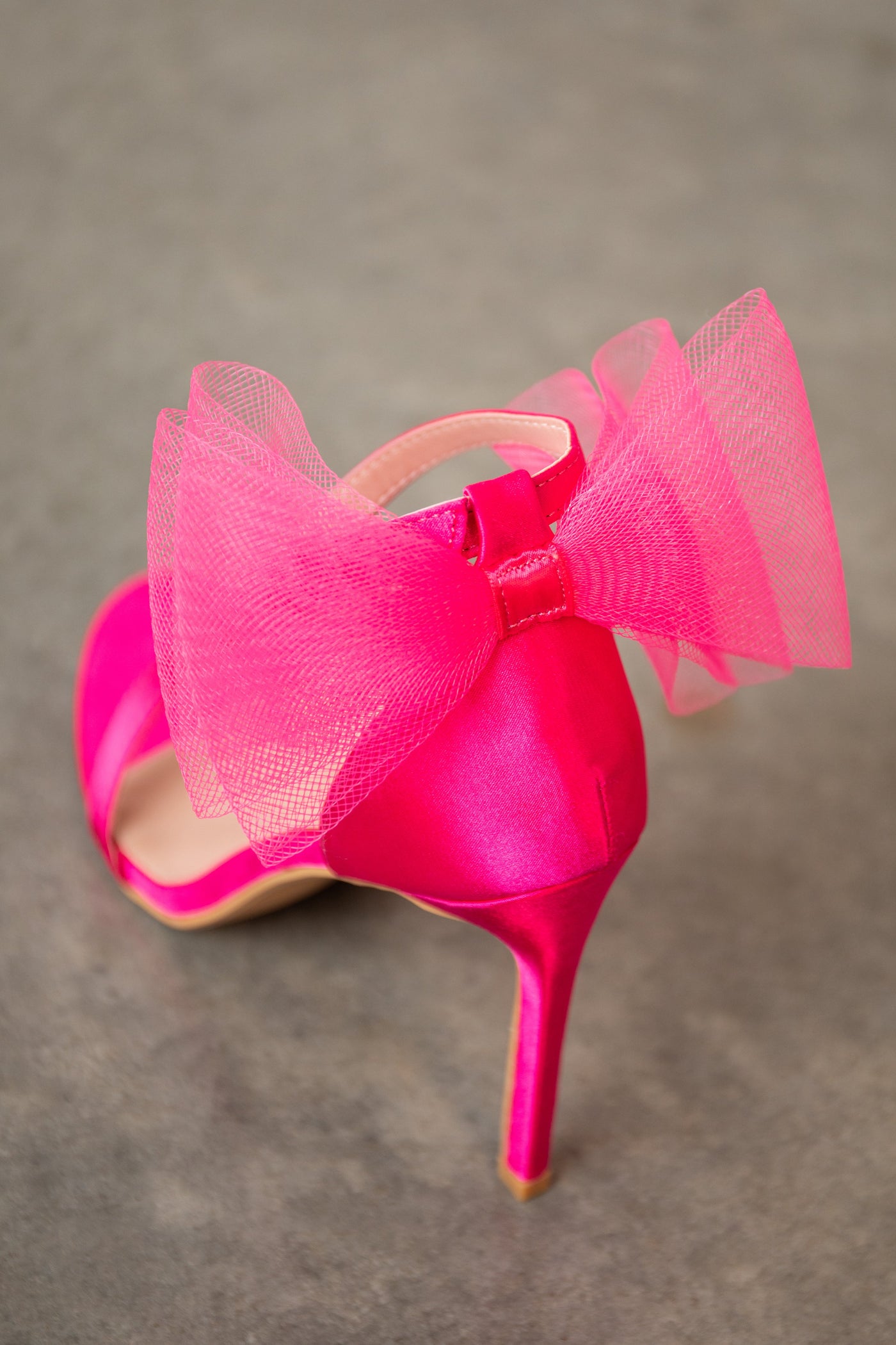 Hot Pink Satin Stiletto Heels with Tulle Bow