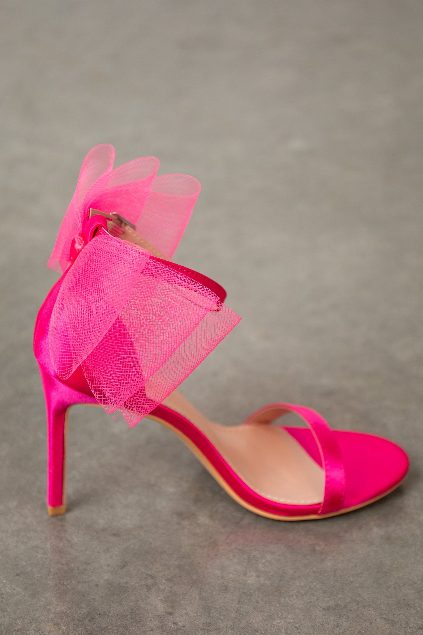 Hot Pink Satin Stiletto Heels with Tulle Bow