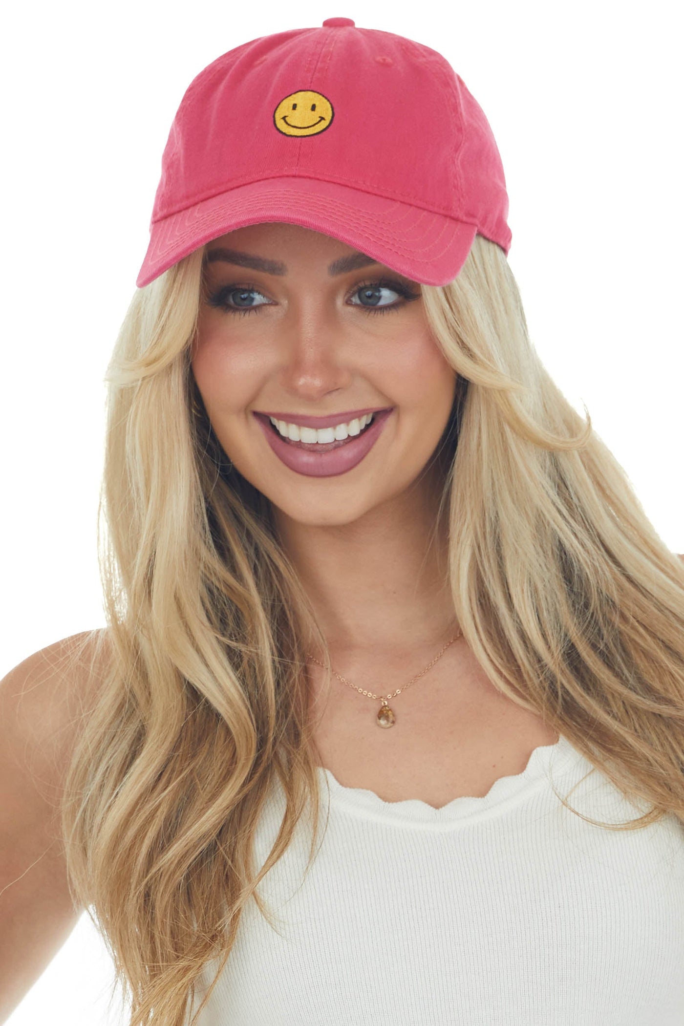 Hot Pink Smiley Face Embroidered Baseball Cap