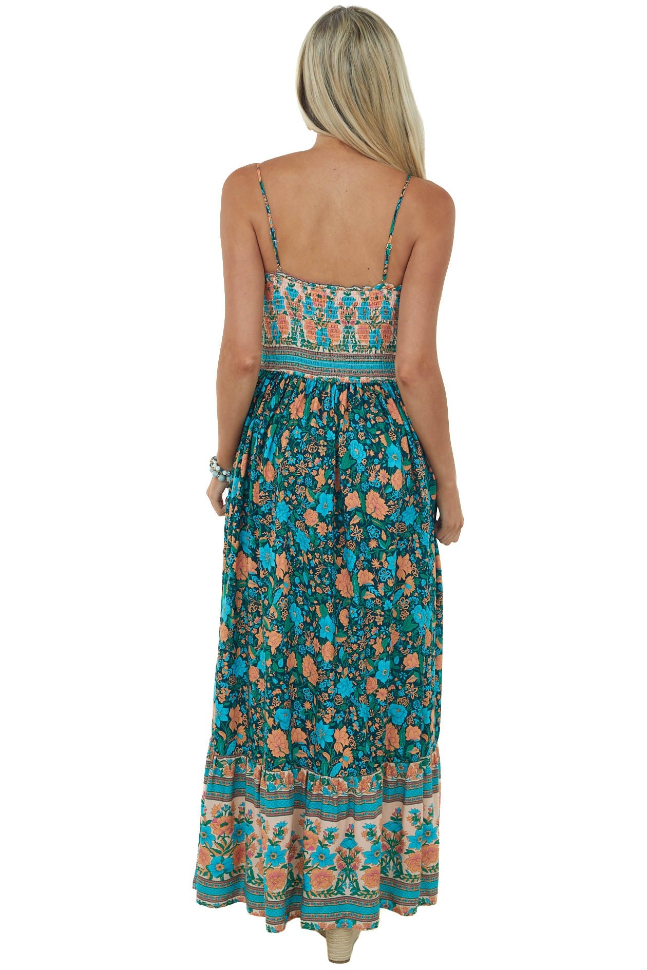 Hunter Green Floral Print Smocked Maxi Dress