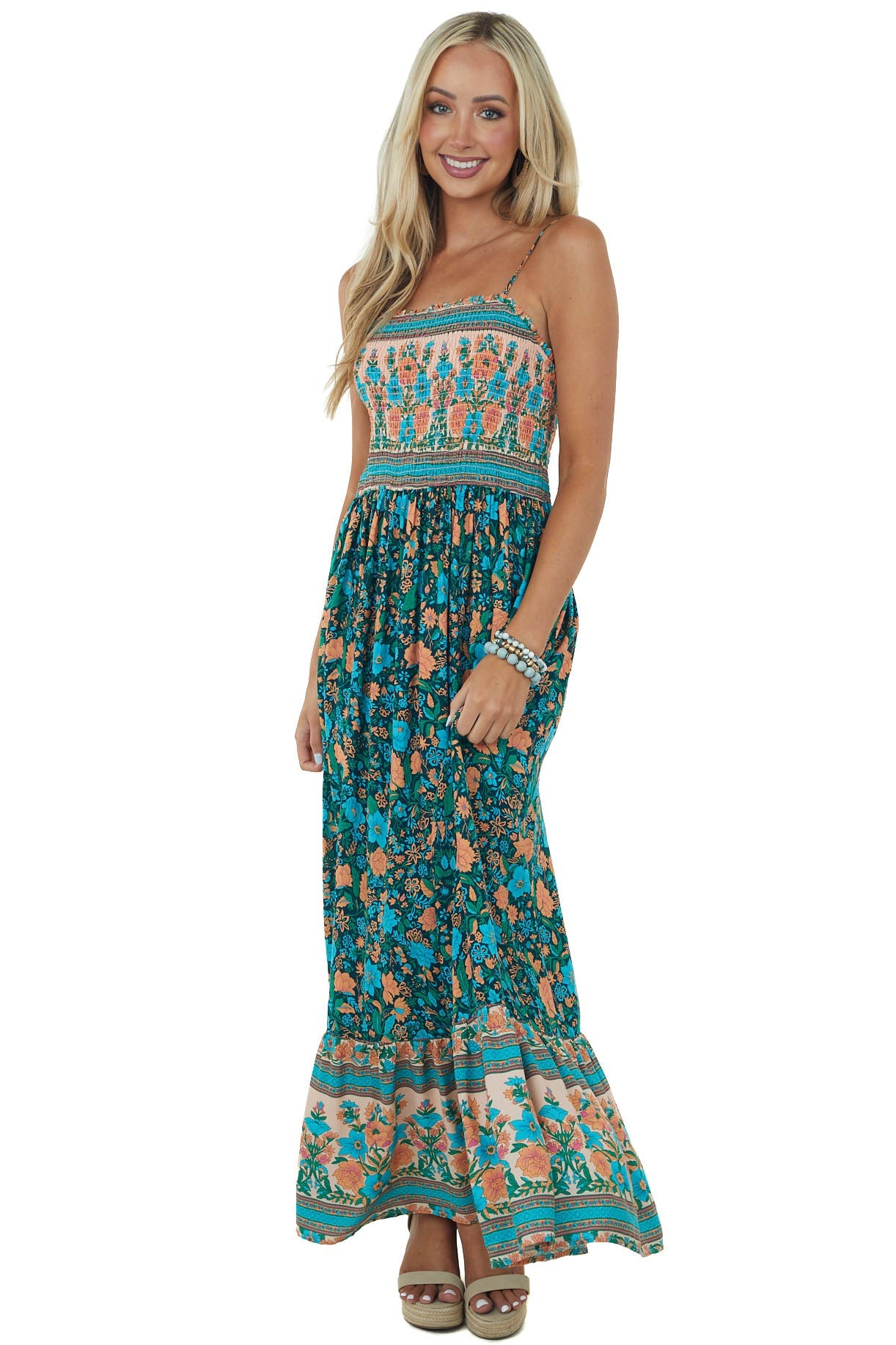 Hunter Green Floral Print Smocked Maxi Dress