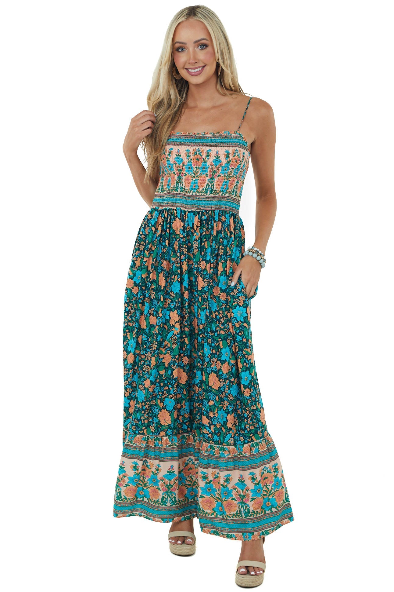 Hunter Green Floral Print Smocked Maxi Dress
