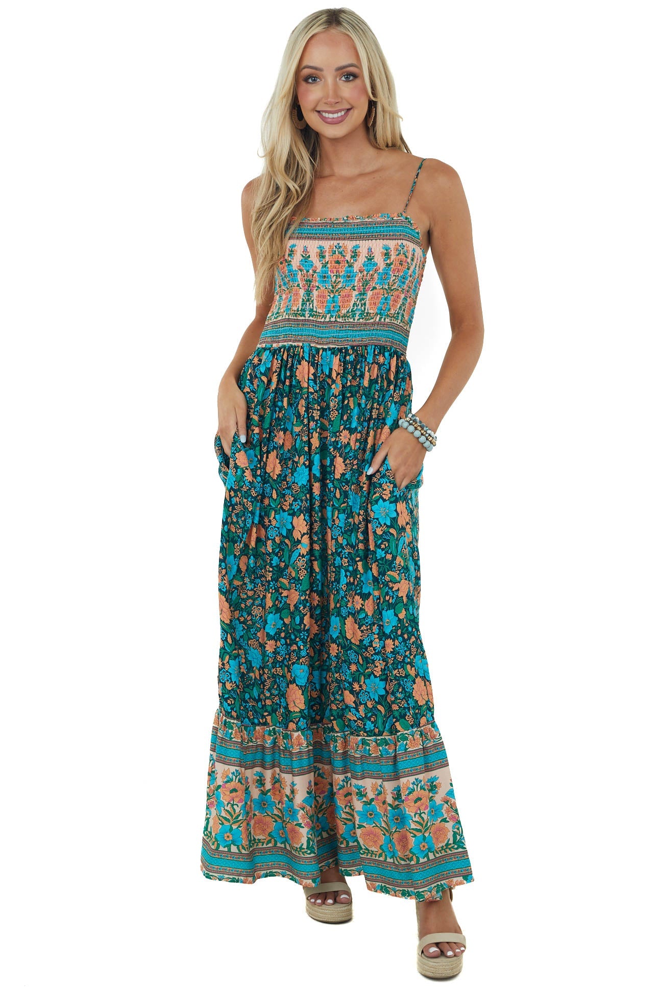 Hunter Green Floral Print Smocked Maxi Dress