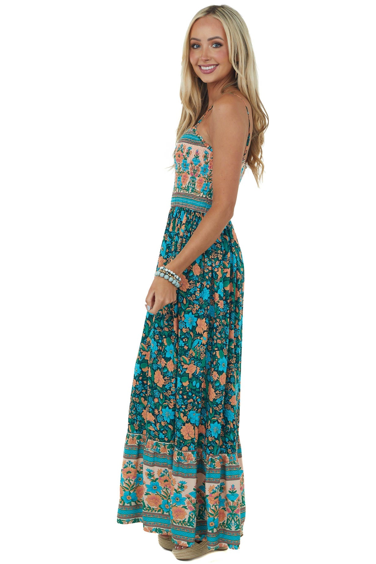 Hunter Green Floral Print Smocked Maxi Dress