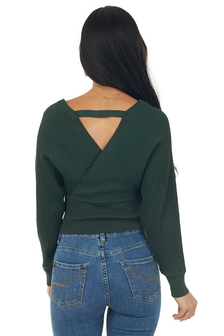 Hunter Green Surplice Long Sleeve Ribbed Sweater