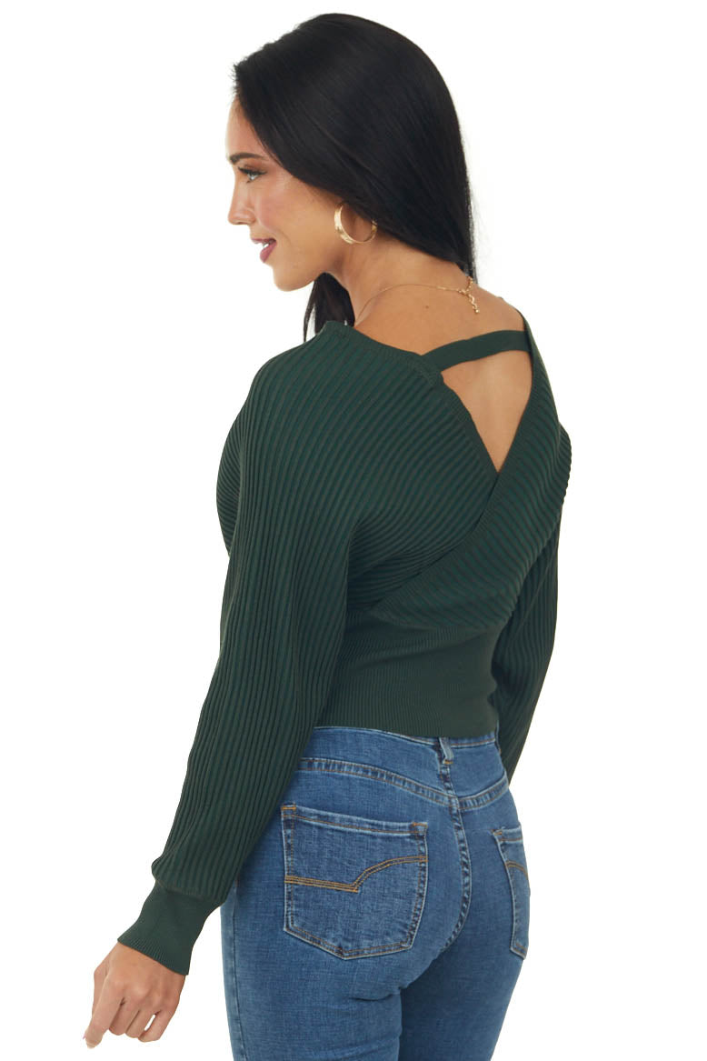 Hunter Green Surplice Long Sleeve Ribbed Sweater
