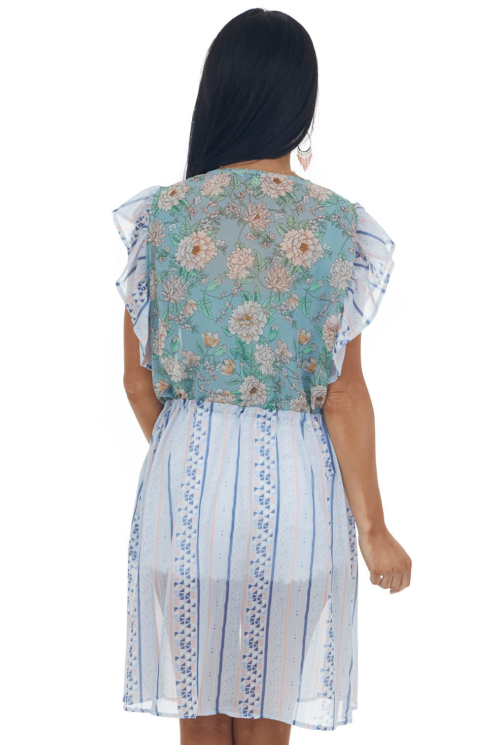 Ice Blue Printed Short Sleeve Tie Front Kimono