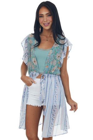 Ice Blue Printed Short Sleeve Tie Front Kimono