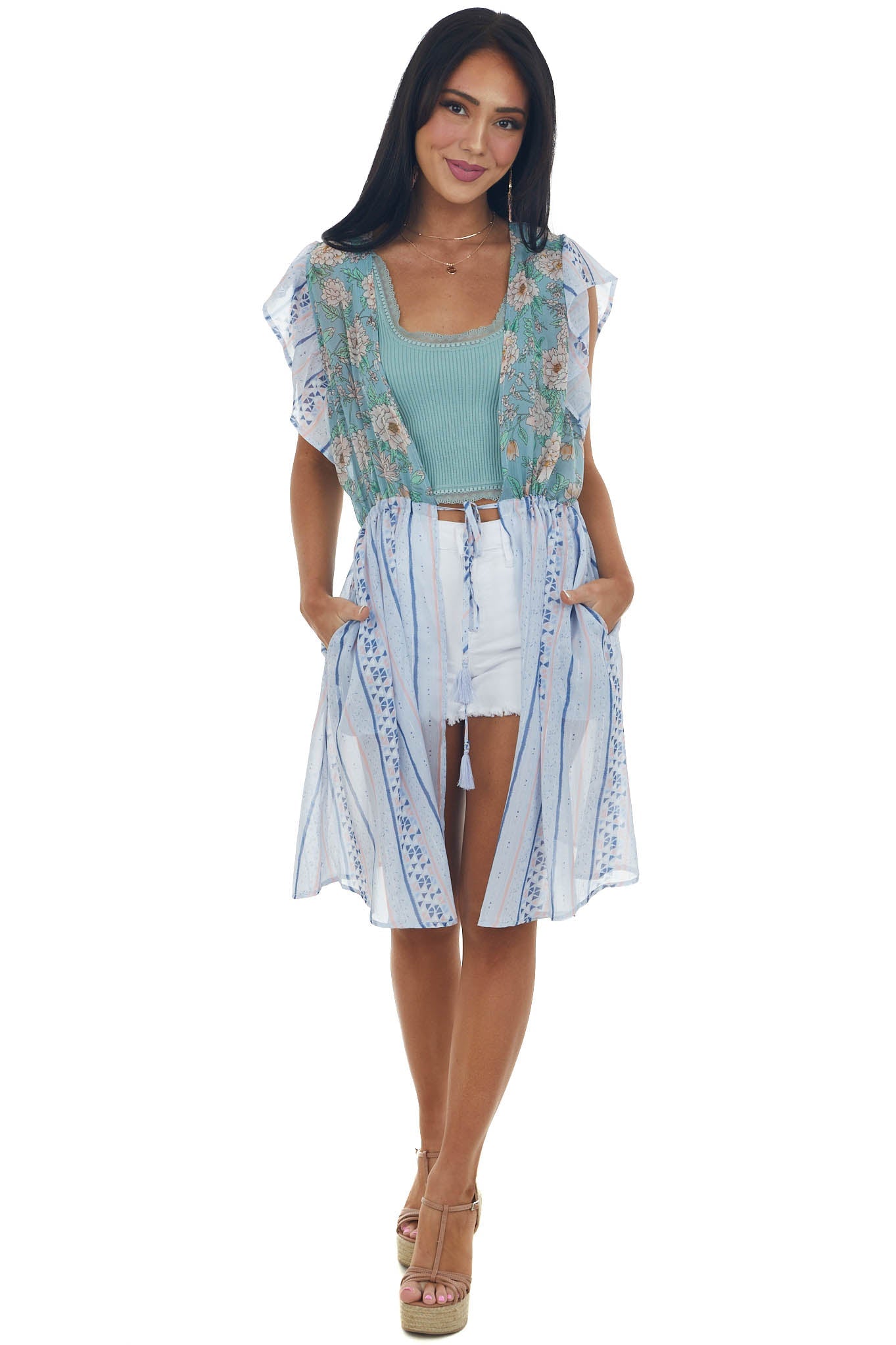 Ice Blue Printed Short Sleeve Tie Front Kimono