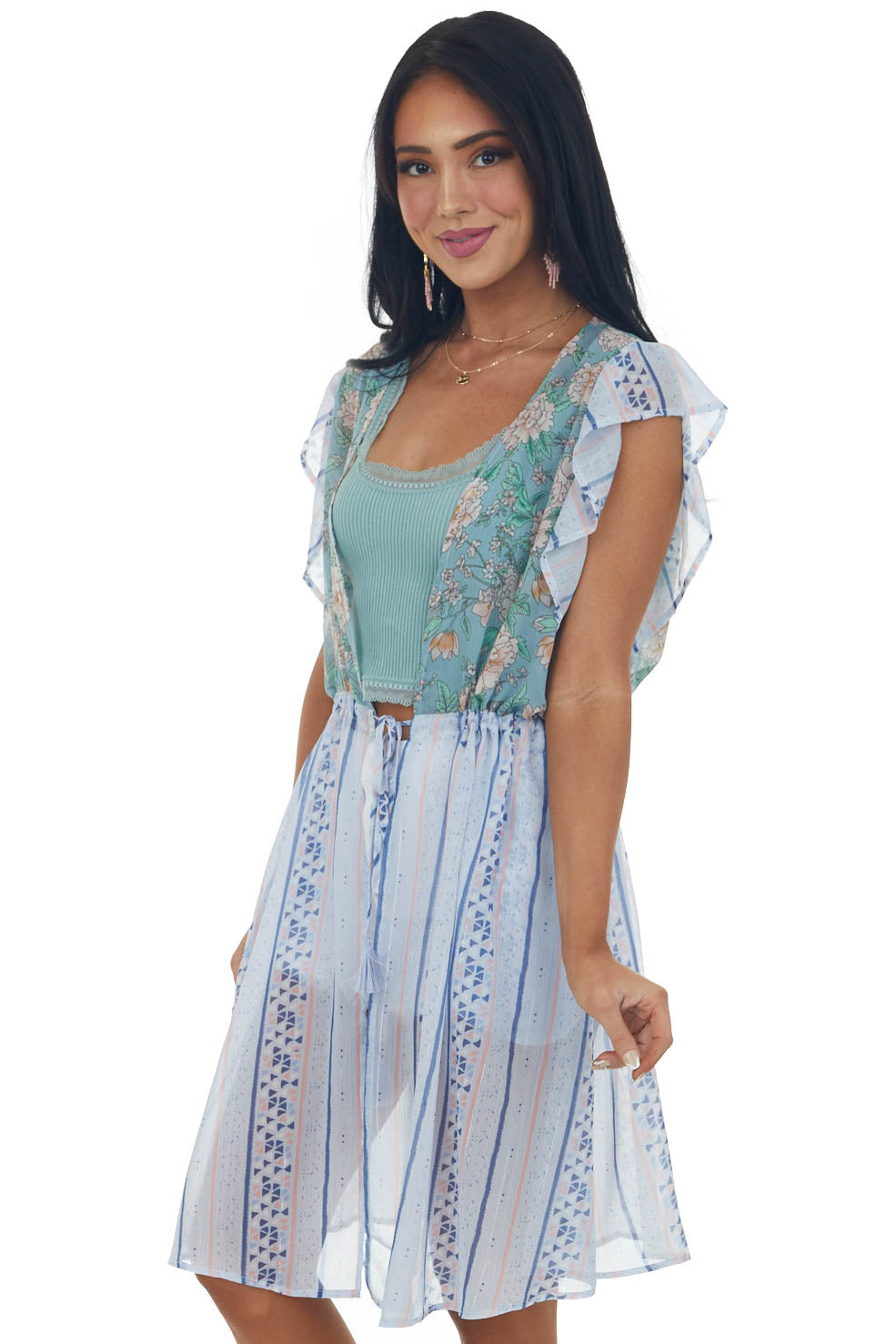 Ice Blue Printed Short Sleeve Tie Front Kimono