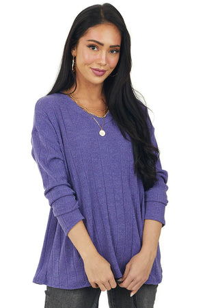 Indigo Ribbed Knit Side Yoke Top with Pockets