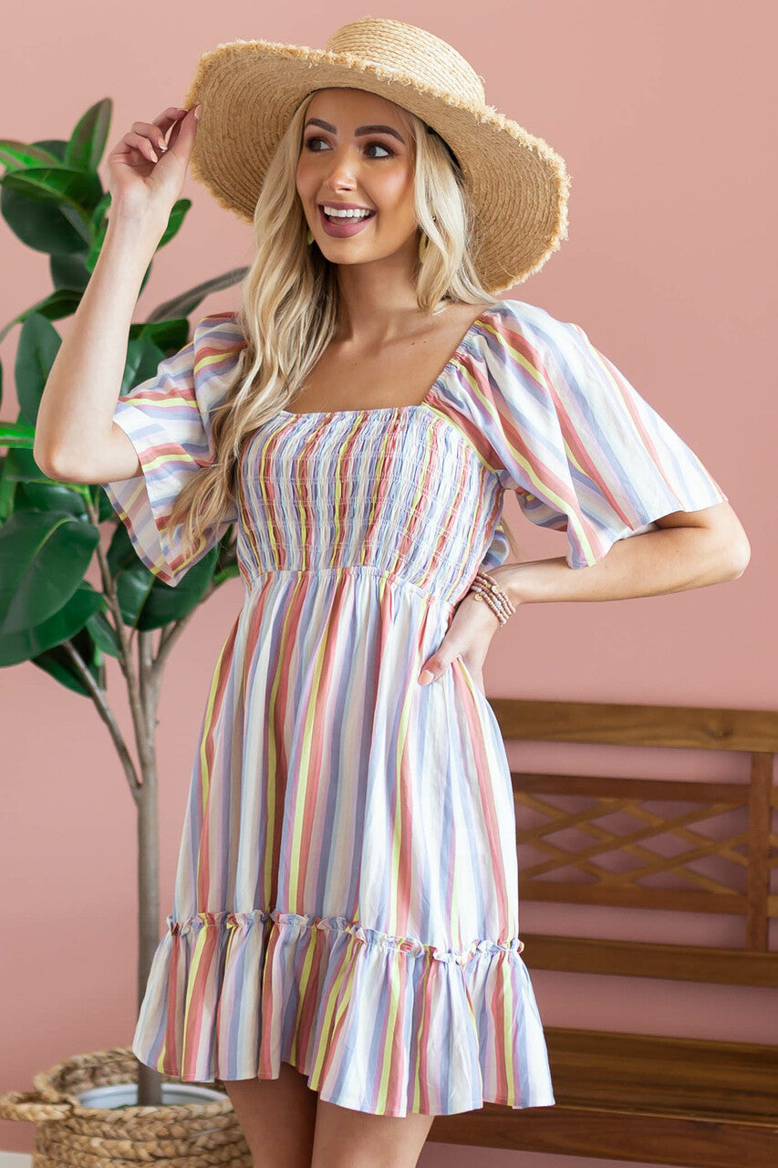 Indigo Multicolor Striped Babydoll Mini Dress 