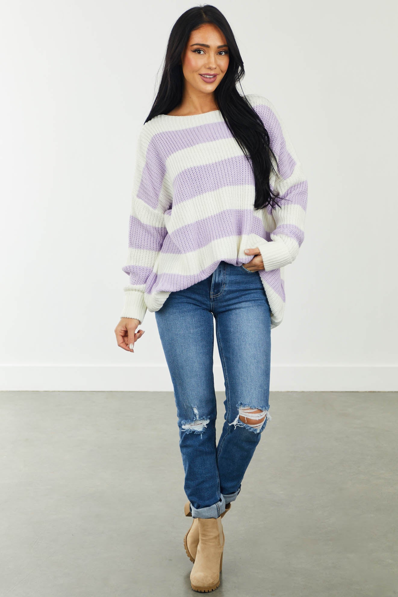 Iris Striped Long Sleeve Ribbed Sweater with Cuff Detail