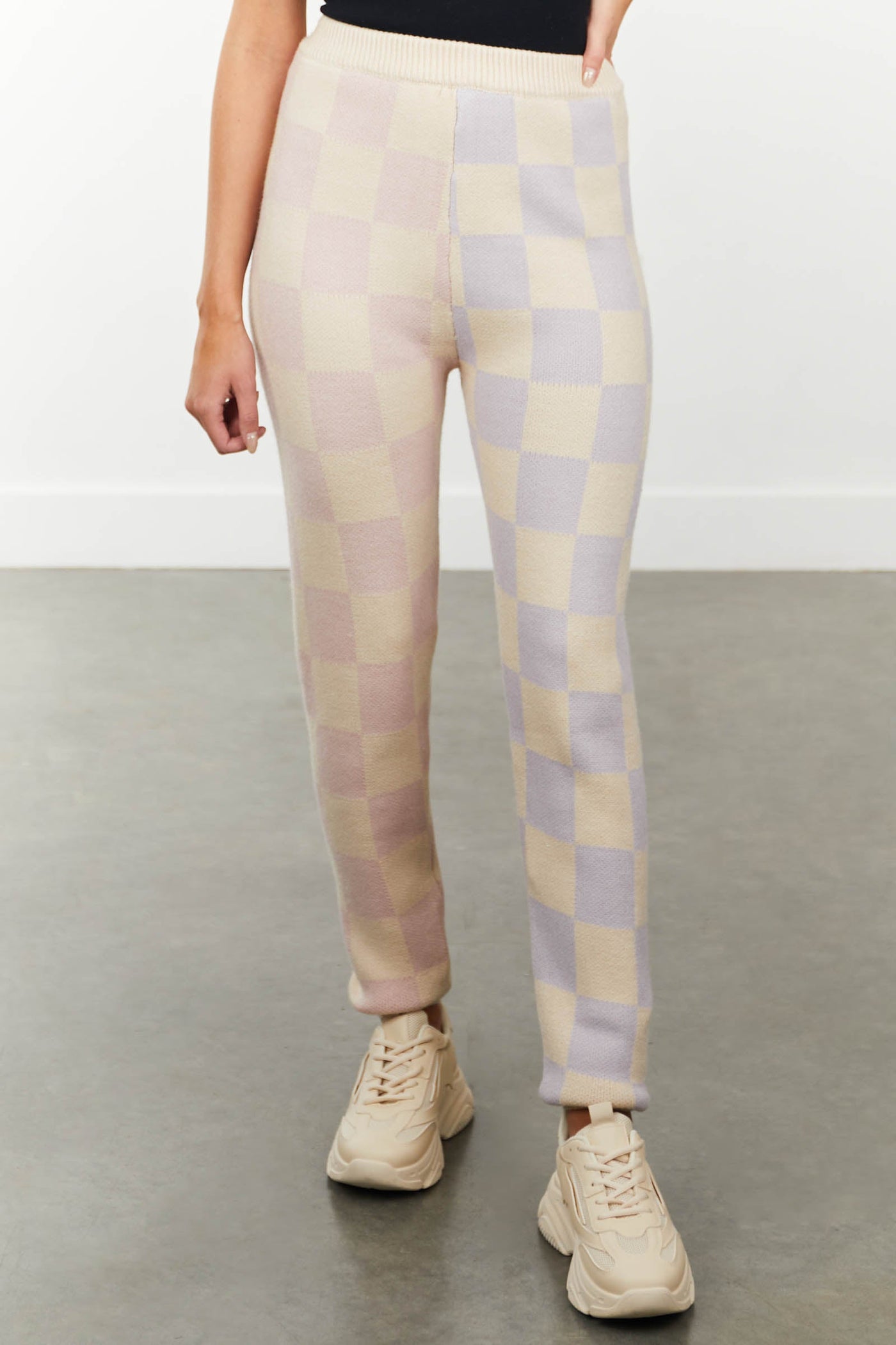 Iris and Dusty Pink Checkered Print Knit Joggers