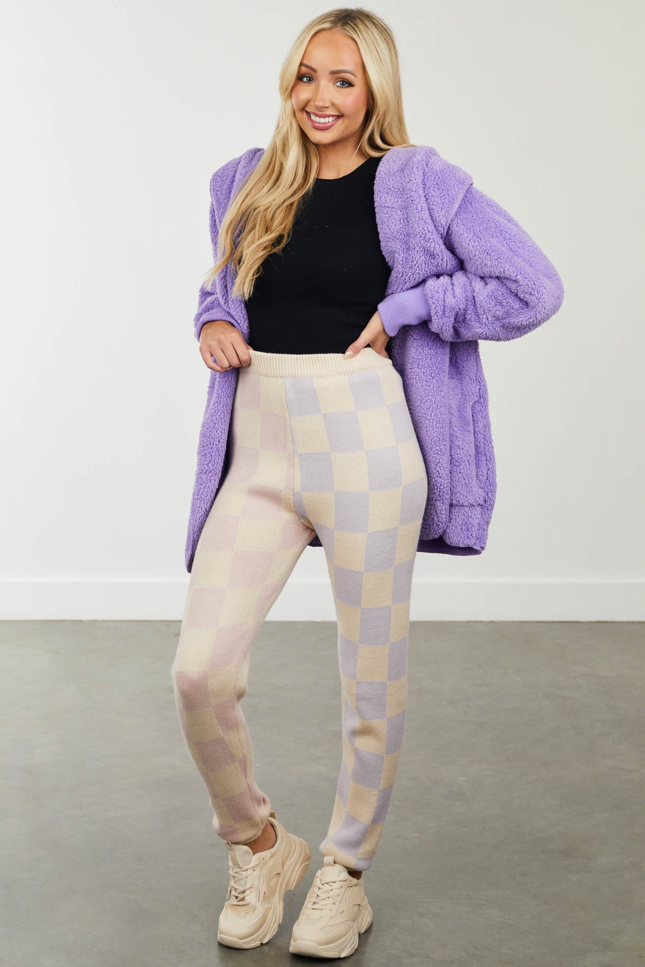 Iris and Dusty Pink Checkered Print Knit Joggers