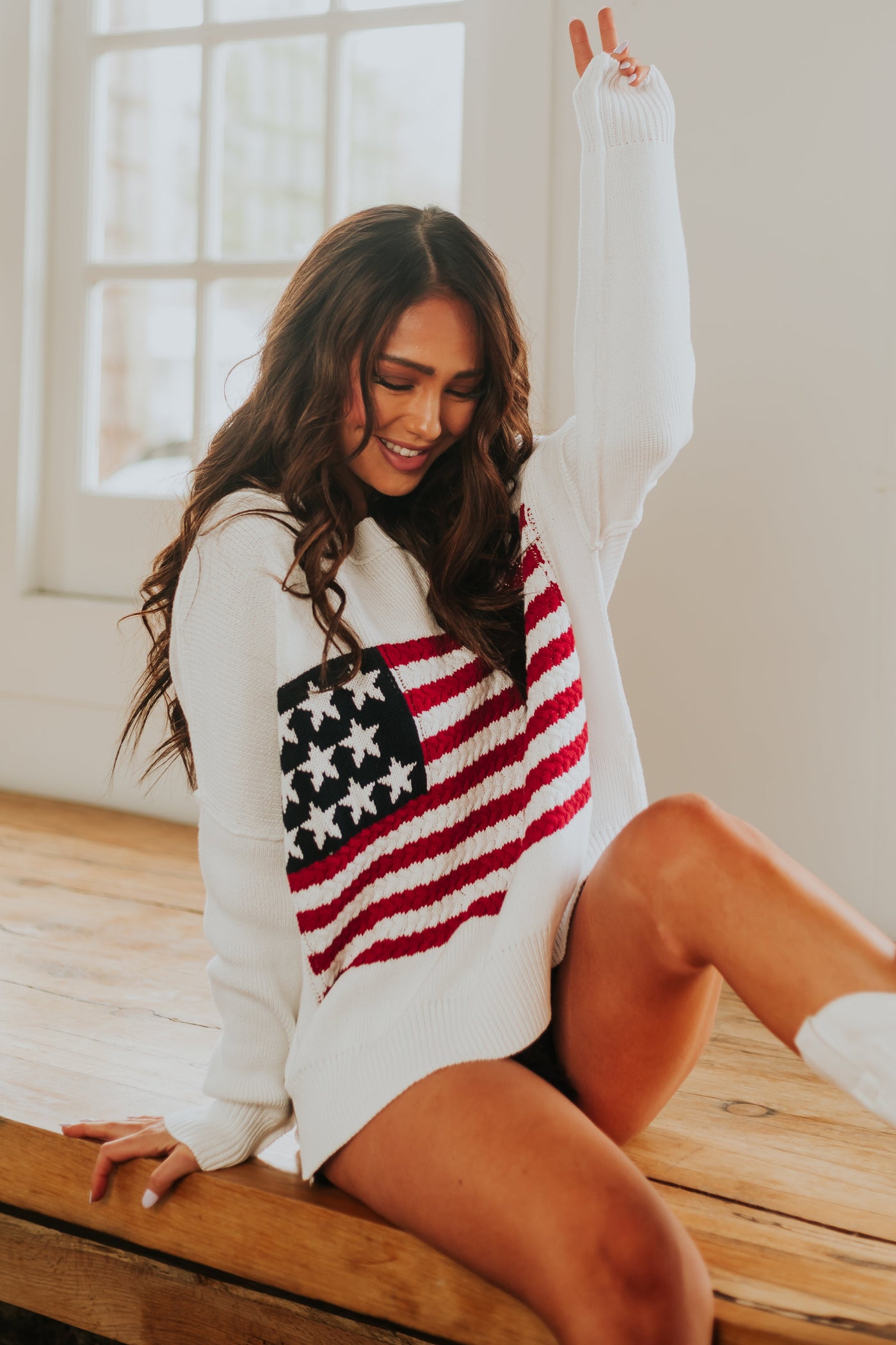 Ivory American Flag Crochet Knit Sweater