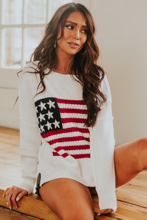 Ivory American Flag Crochet Knit Sweater