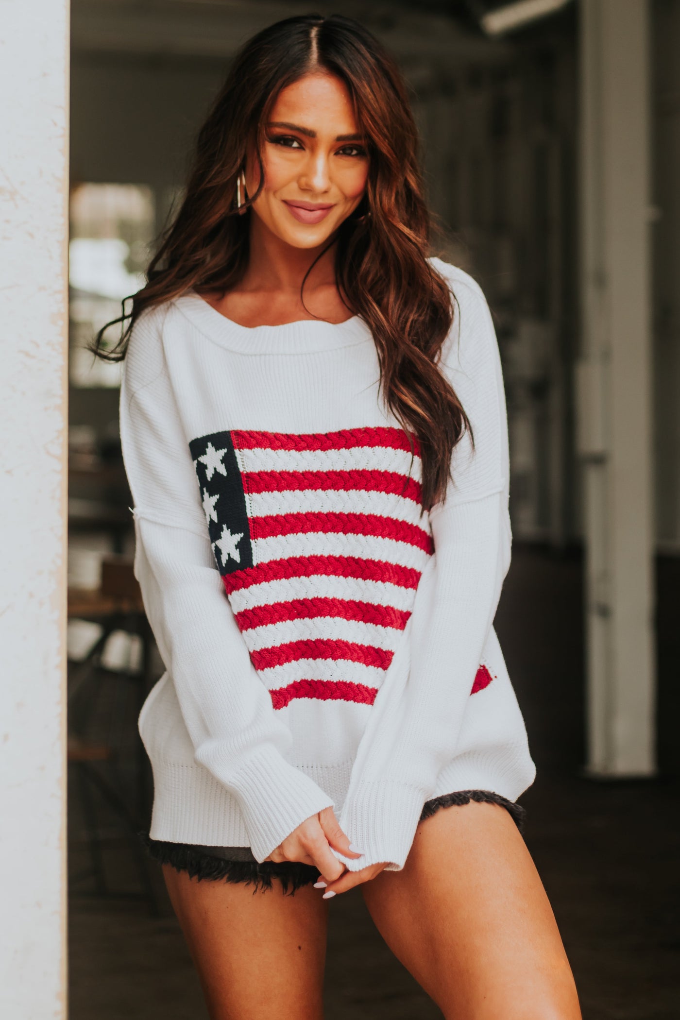 Ivory American Flag Crochet Knit Sweater