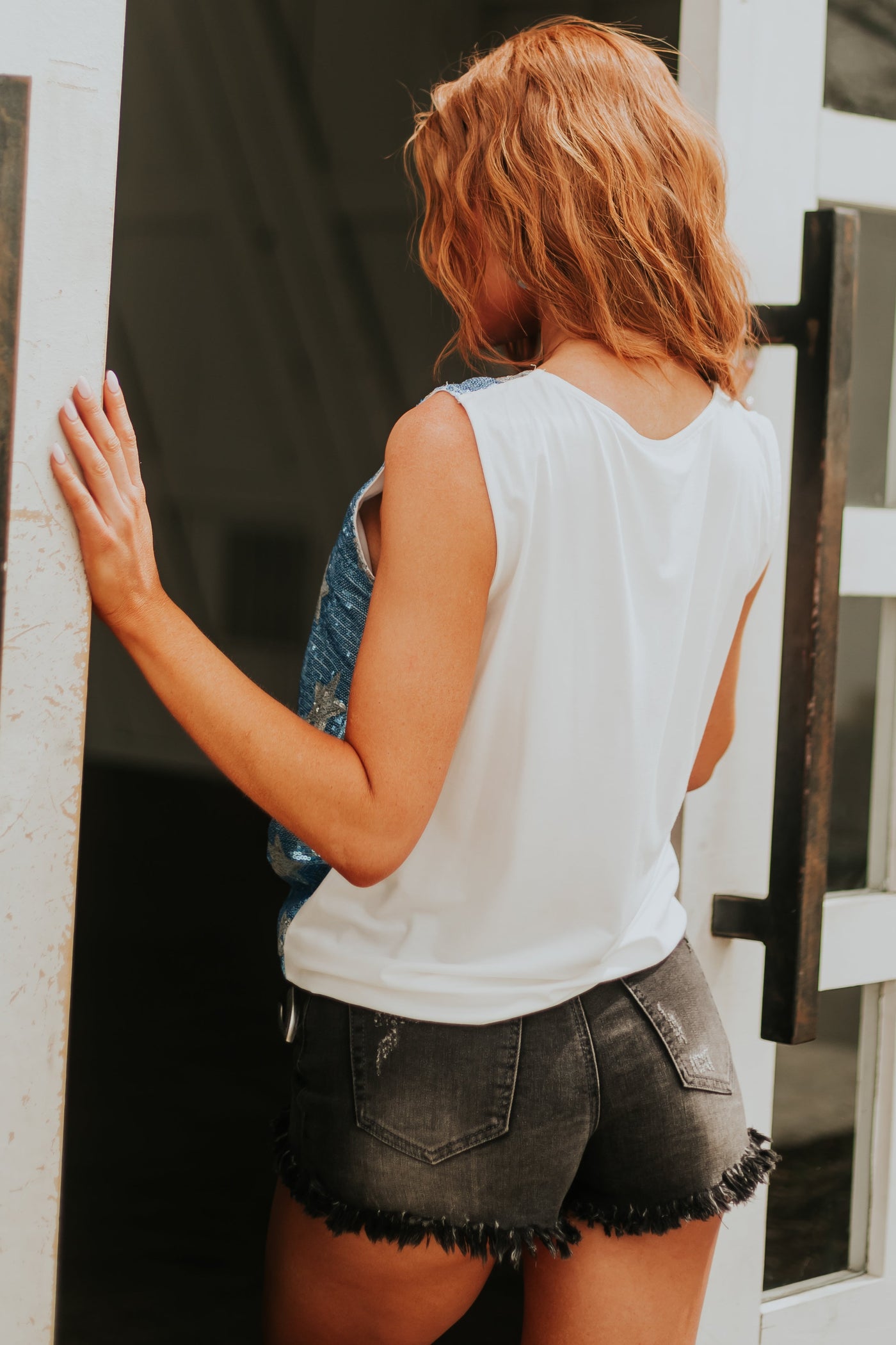 Ivory Americana Sequined Rounded Neck Tank Top