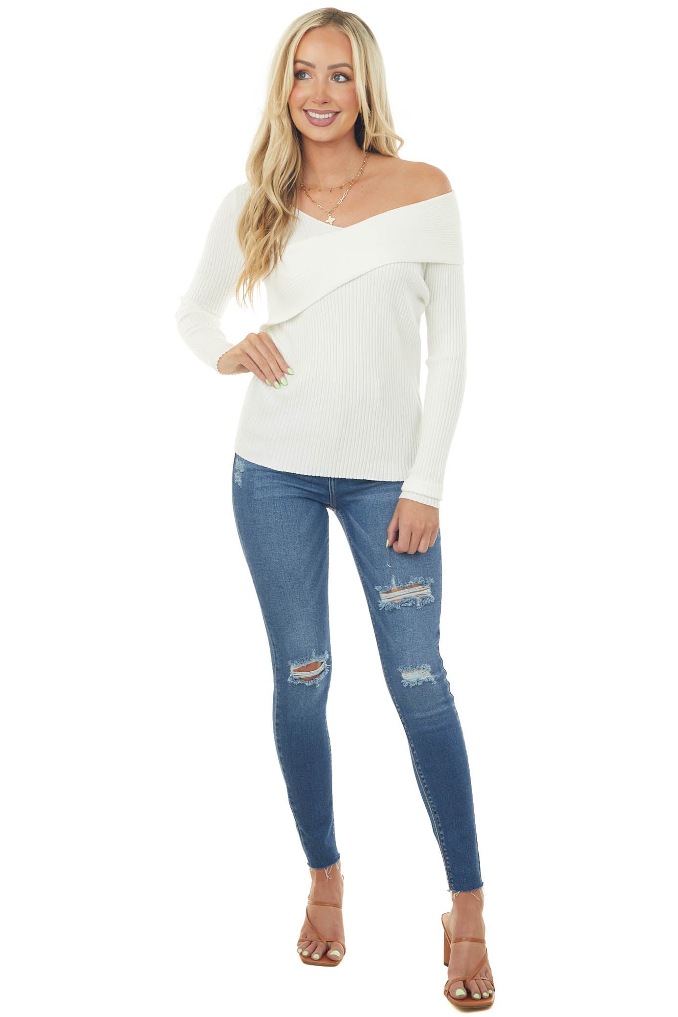 Ivory Asymmetrical Overlay Ribbed Knit Top