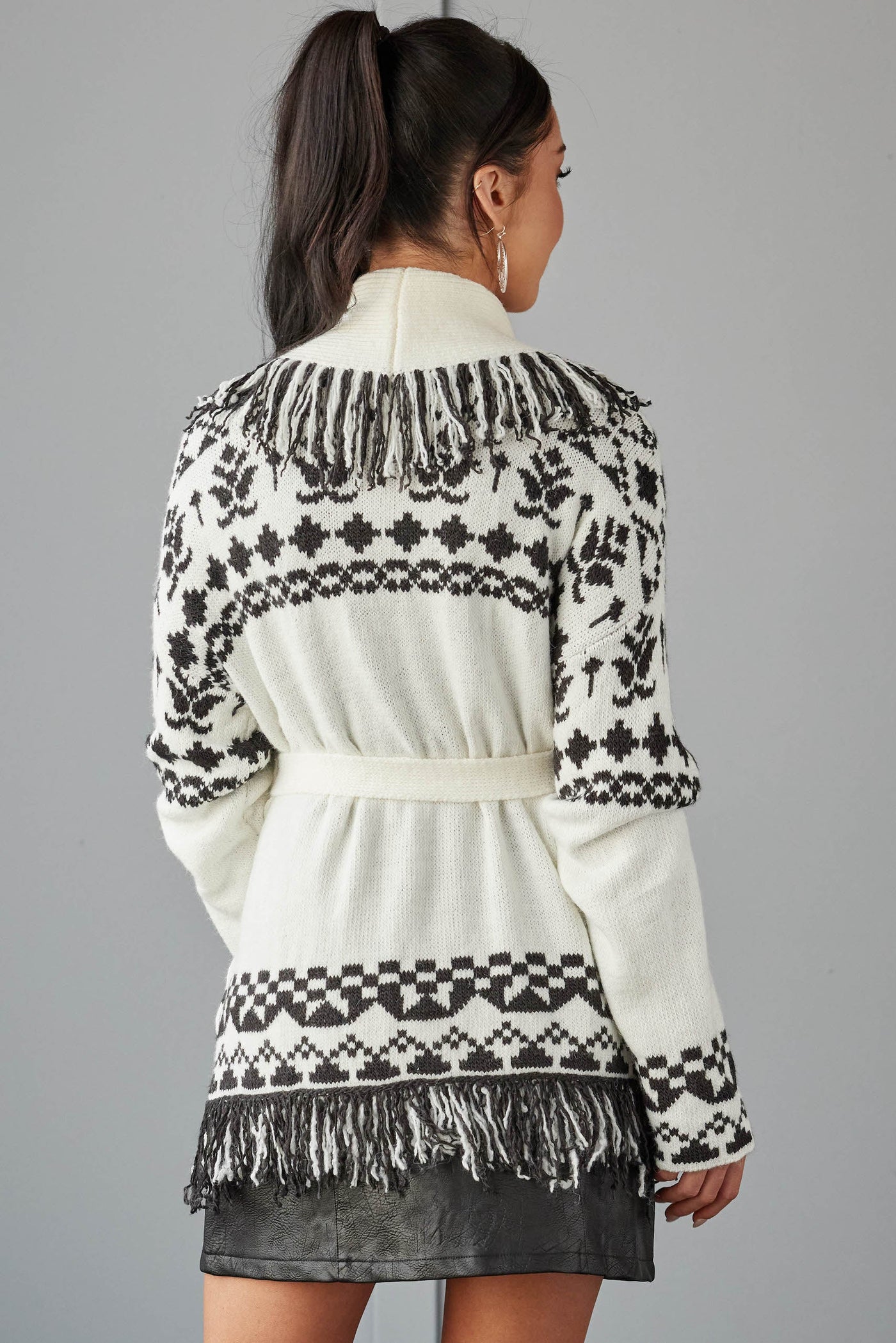 Ivory Aztec Print Cardigan with Fringe