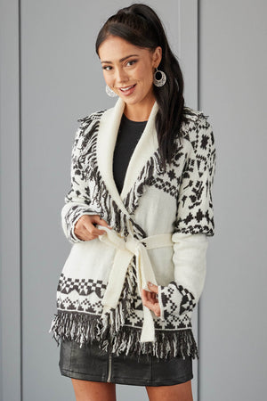 Ivory Aztec Print Cardigan with Fringe