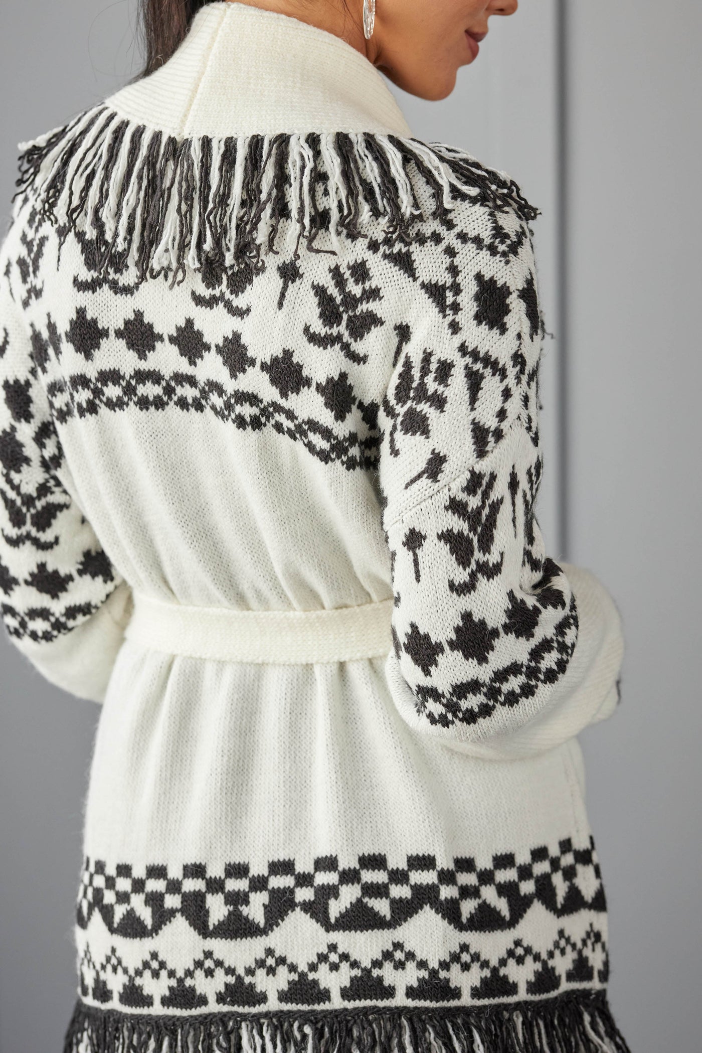 Ivory Aztec Print Cardigan with Fringe