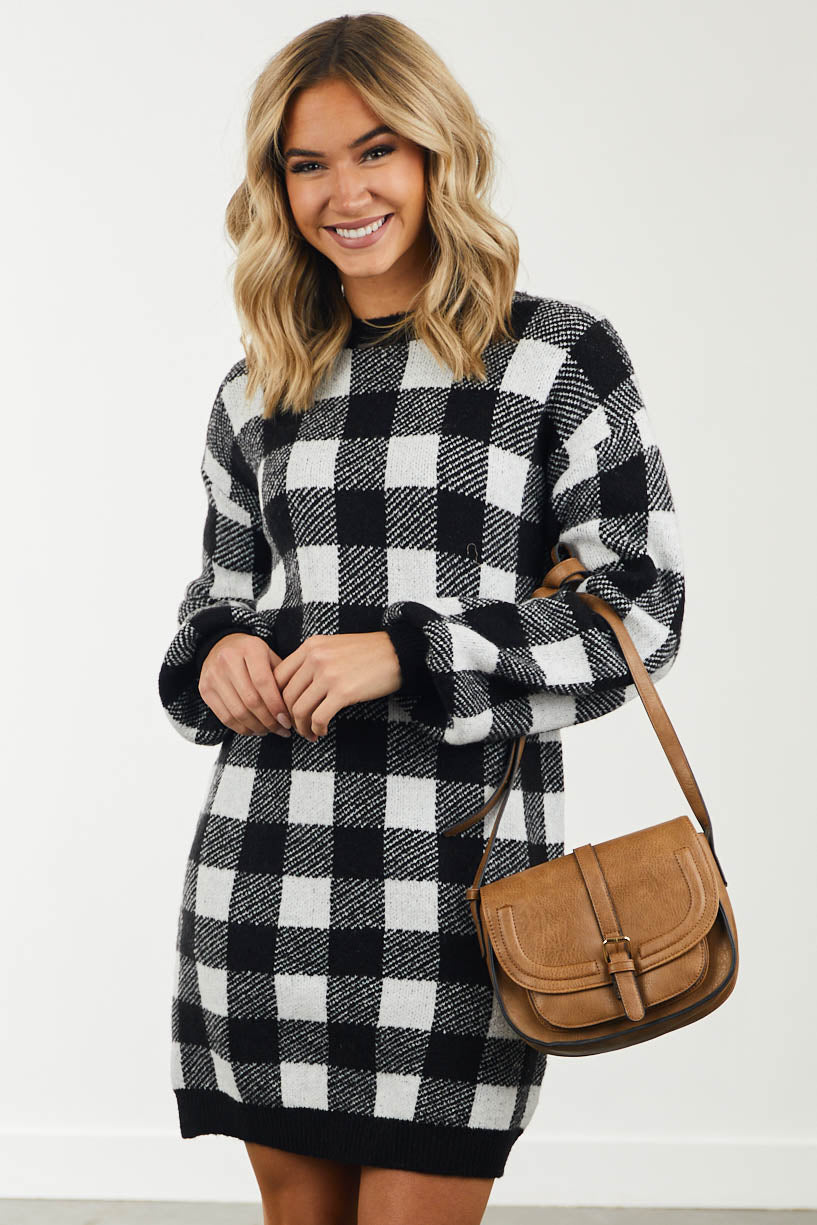 Ivory Buffalo Plaid Puff Sleeve Sweater Dress