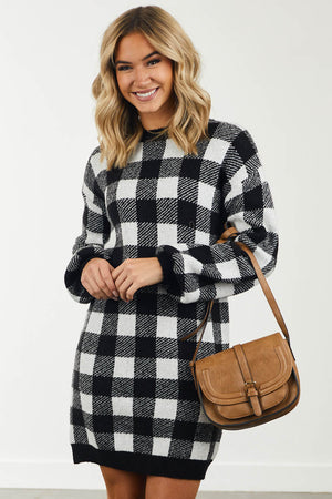 Ivory Buffalo Plaid Puff Sleeve Sweater Dress