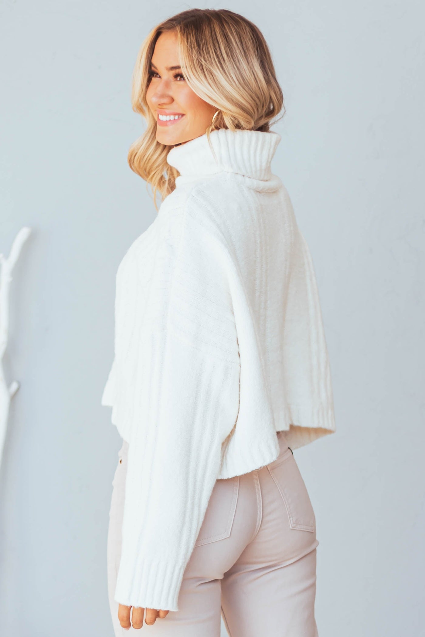Ivory Cable Knit Cropped Turtleneck Sweater