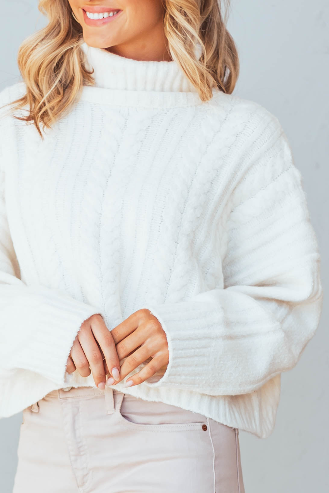 Ivory Cable Knit Cropped Turtleneck Sweater