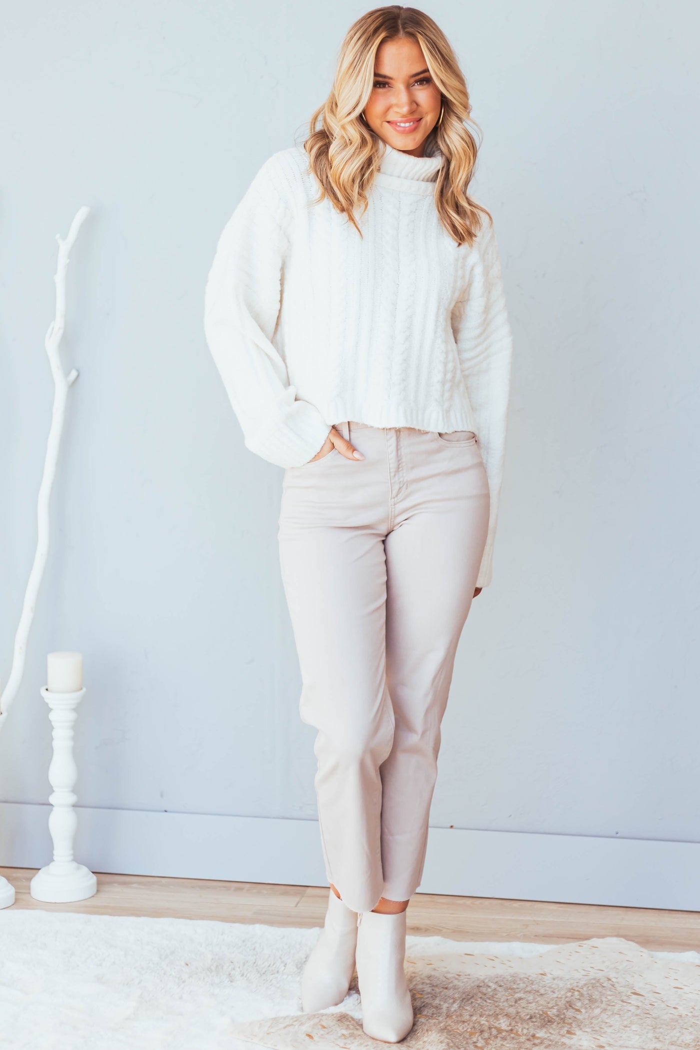 Ivory Cable Knit Cropped Turtleneck Sweater