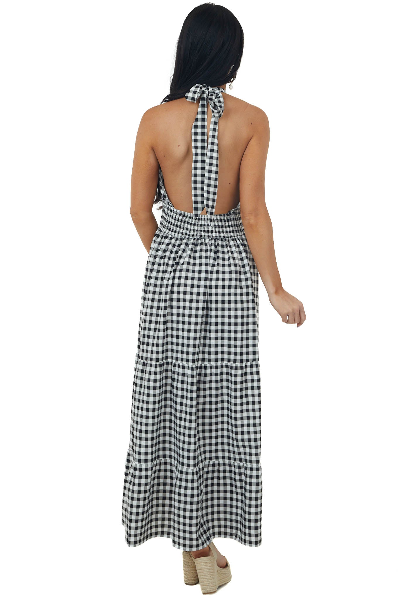 Ivory Checker Print Halter Neck Tiered Maxi Dress