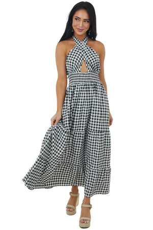 Ivory Checker Print Halter Neck Tiered Maxi Dress