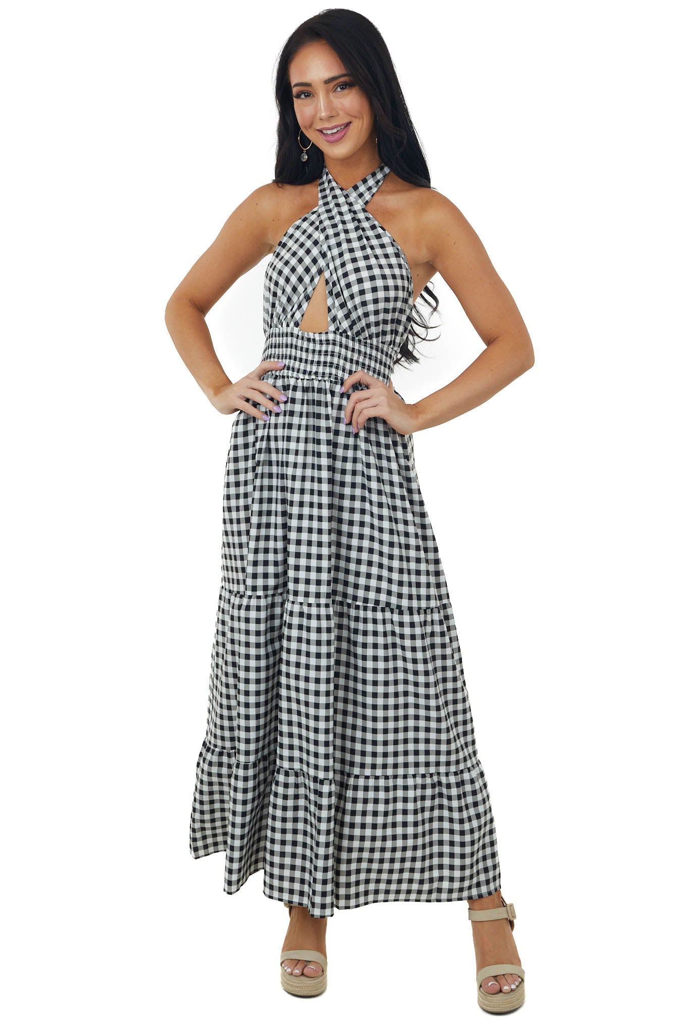 Ivory Checker Print Halter Neck Tiered Maxi Dress