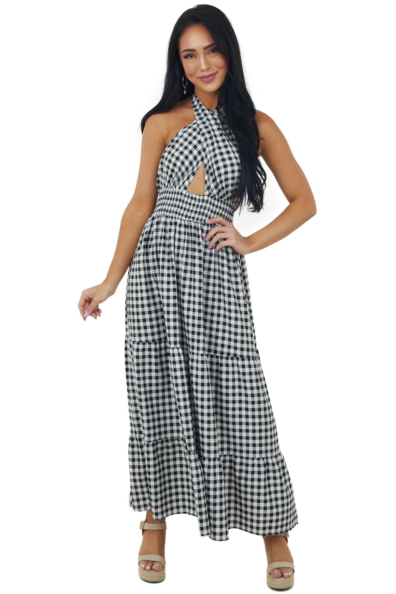 Ivory Checker Print Halter Neck Tiered Maxi Dress