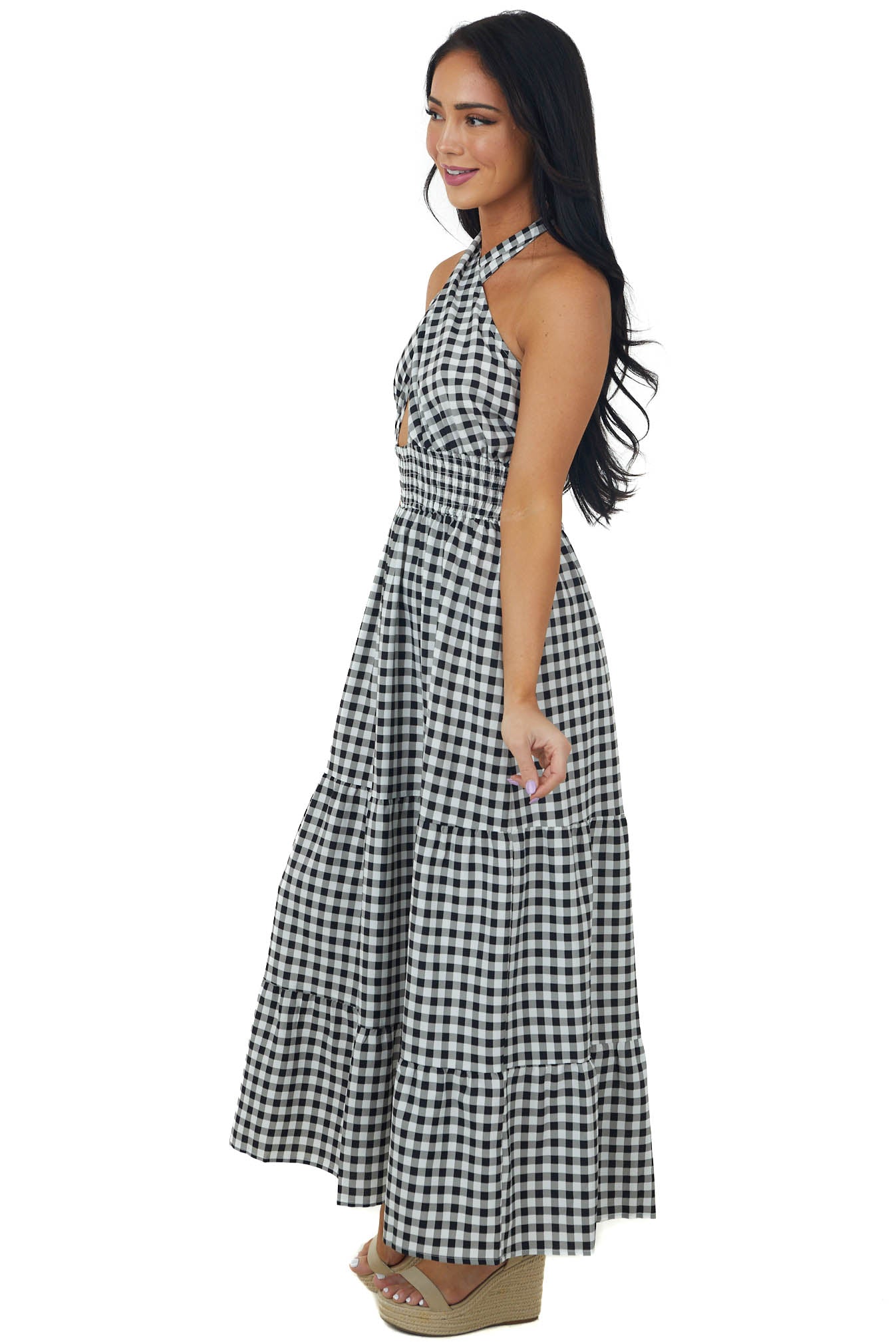 Ivory Checker Print Halter Neck Tiered Maxi Dress